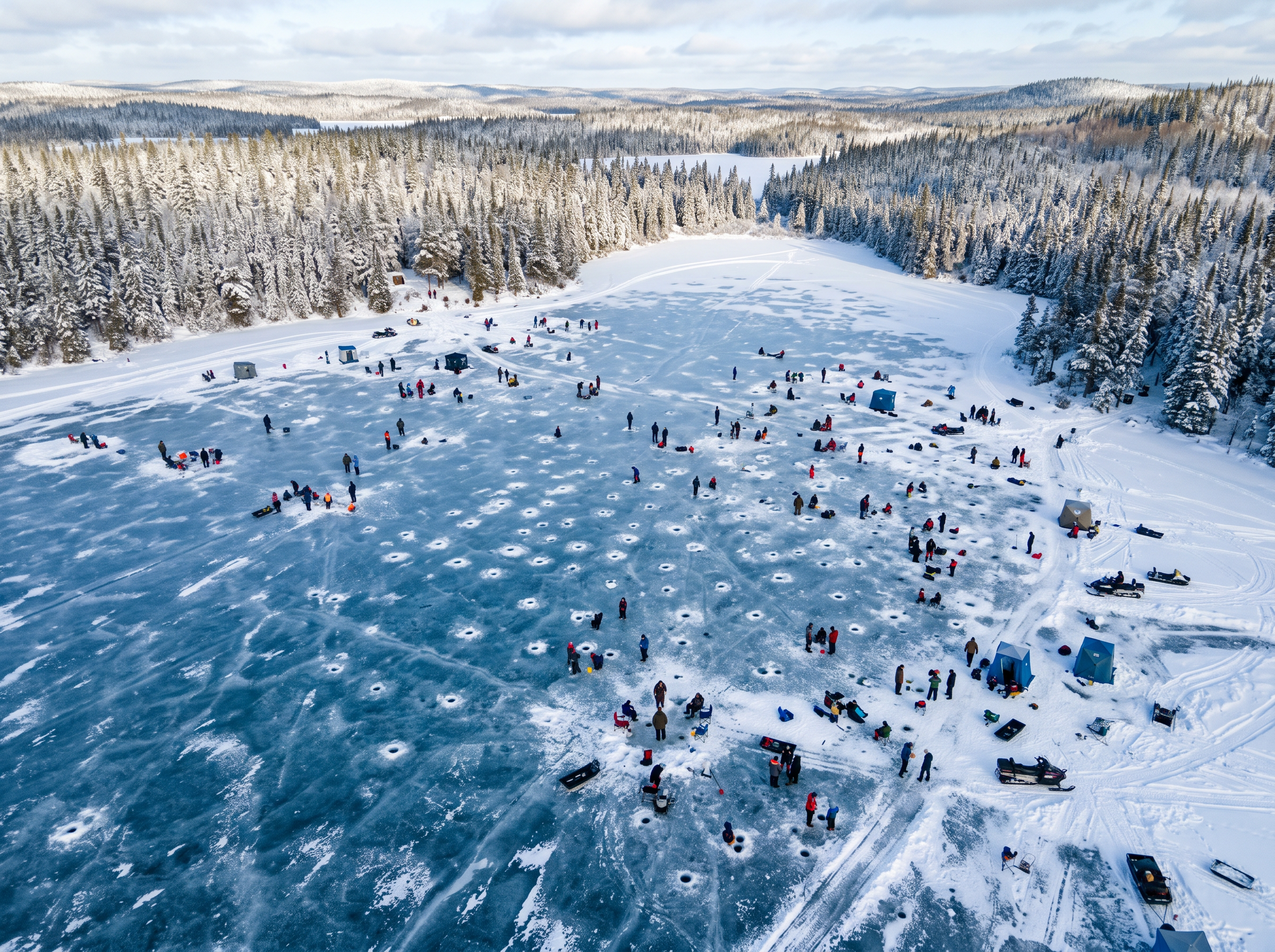 Aerial view of families ice fishing