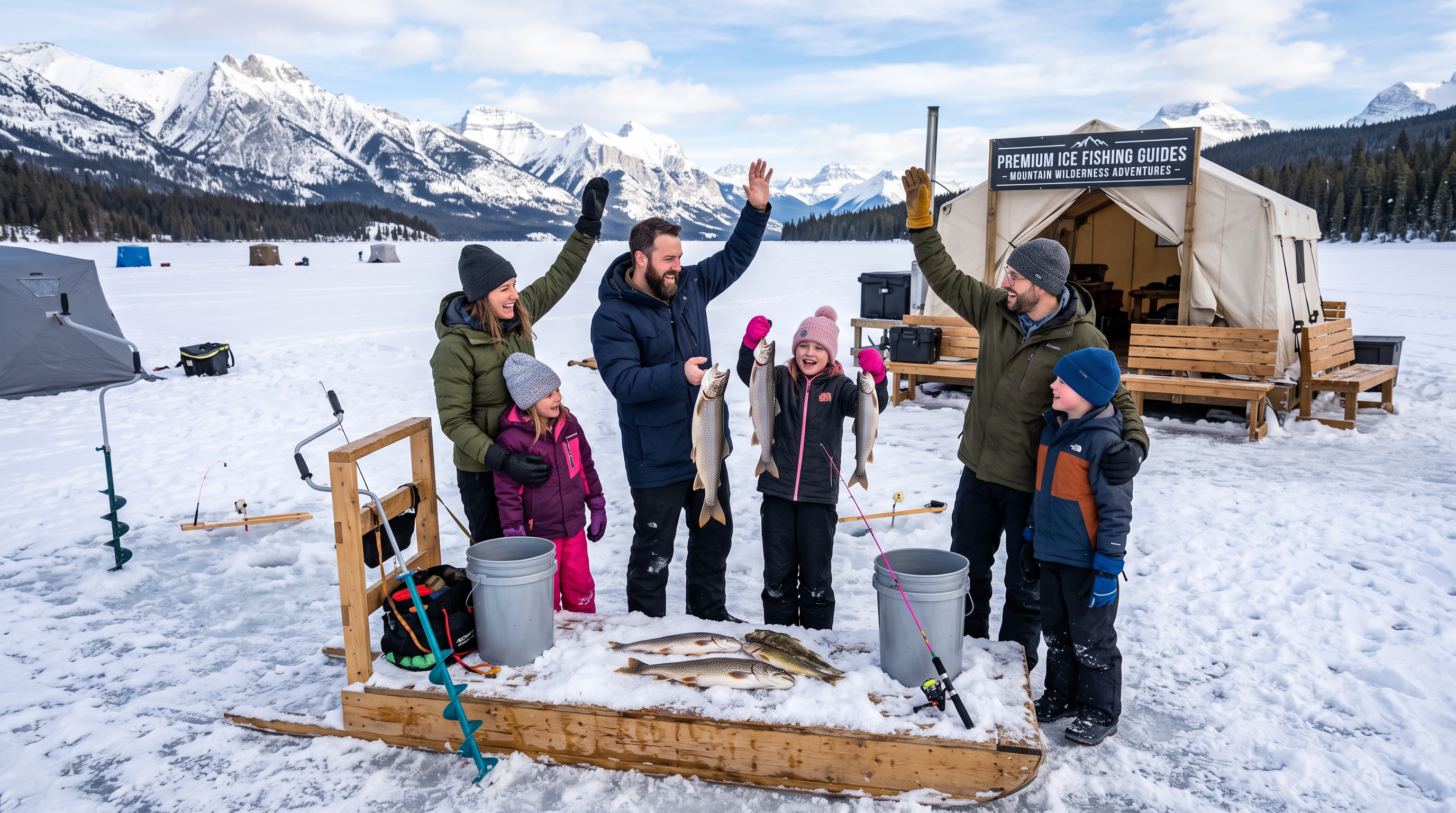 Families celebrating ice fishing