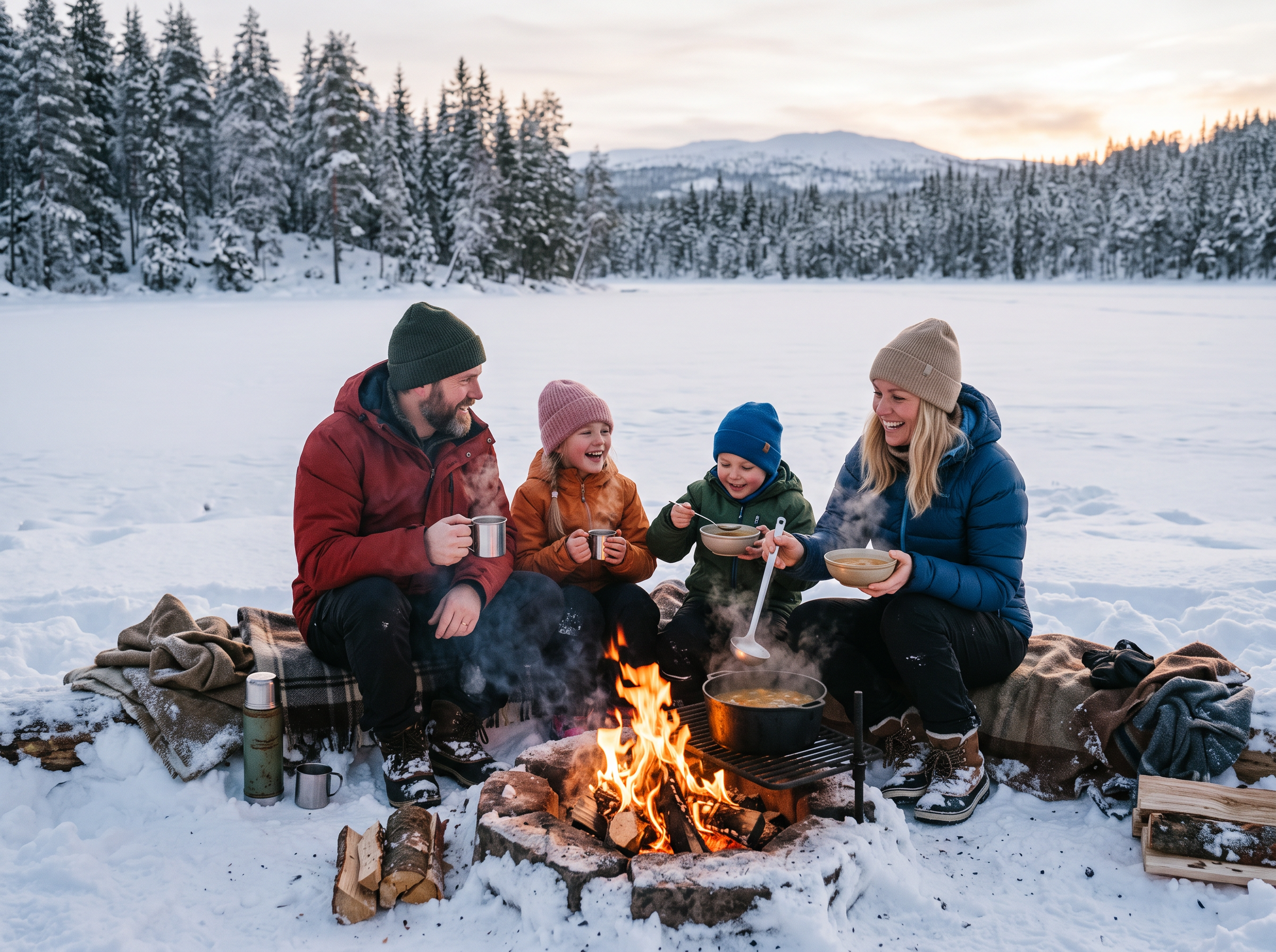 Family meal by campfire on frozen lake