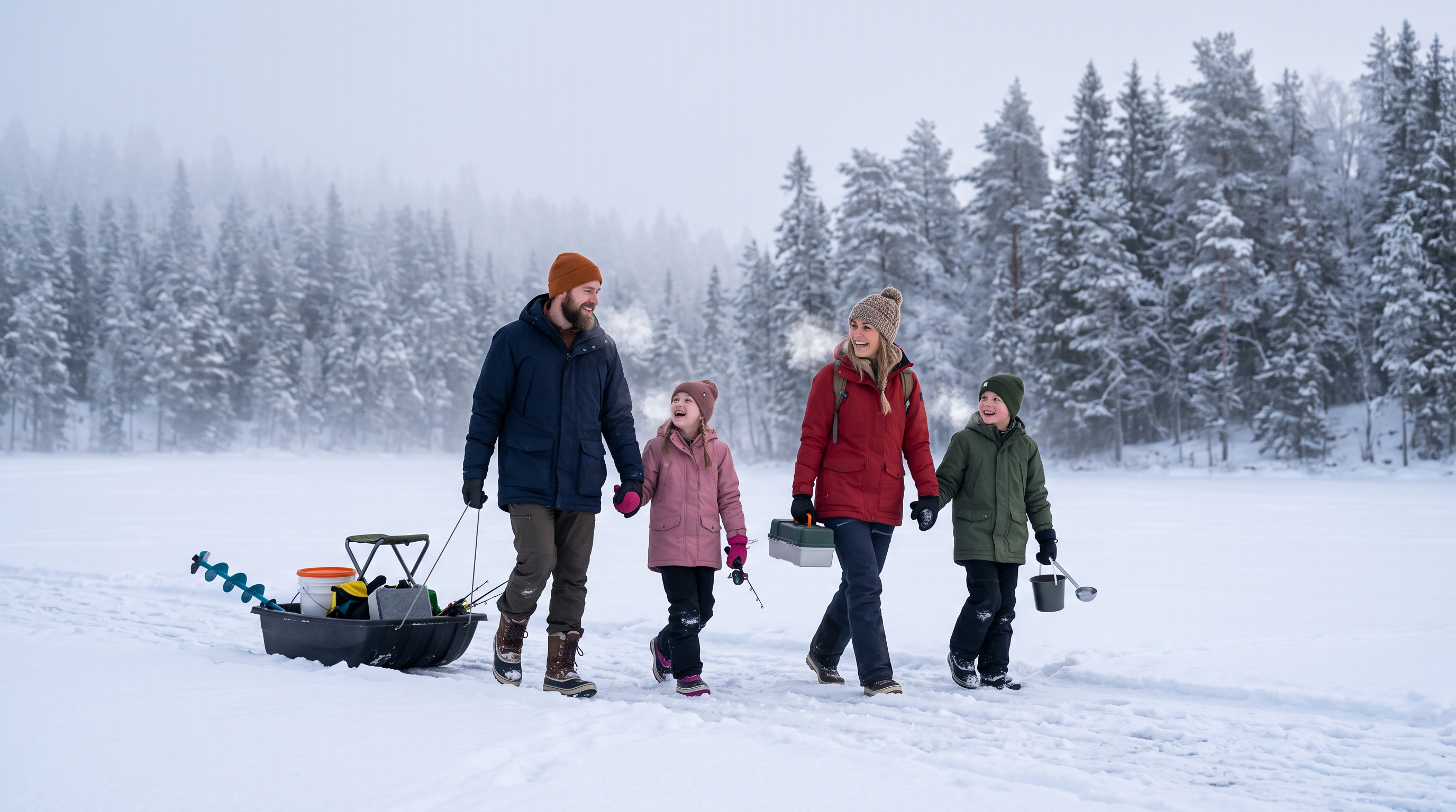 Family walking on frozen lake