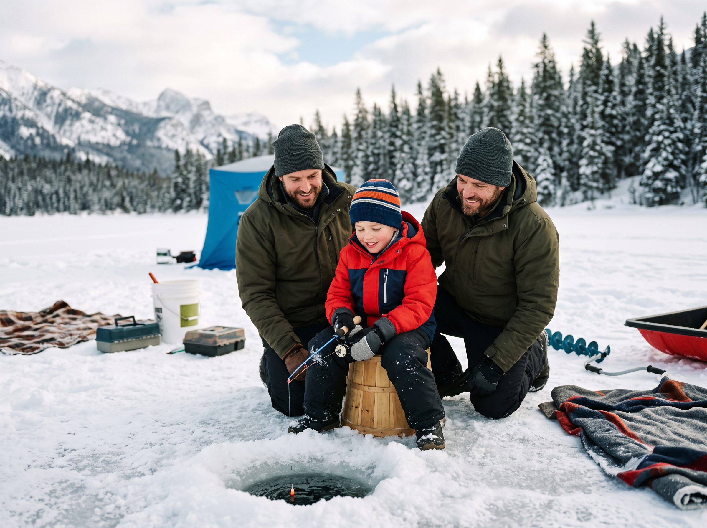 Father and son ice fishing