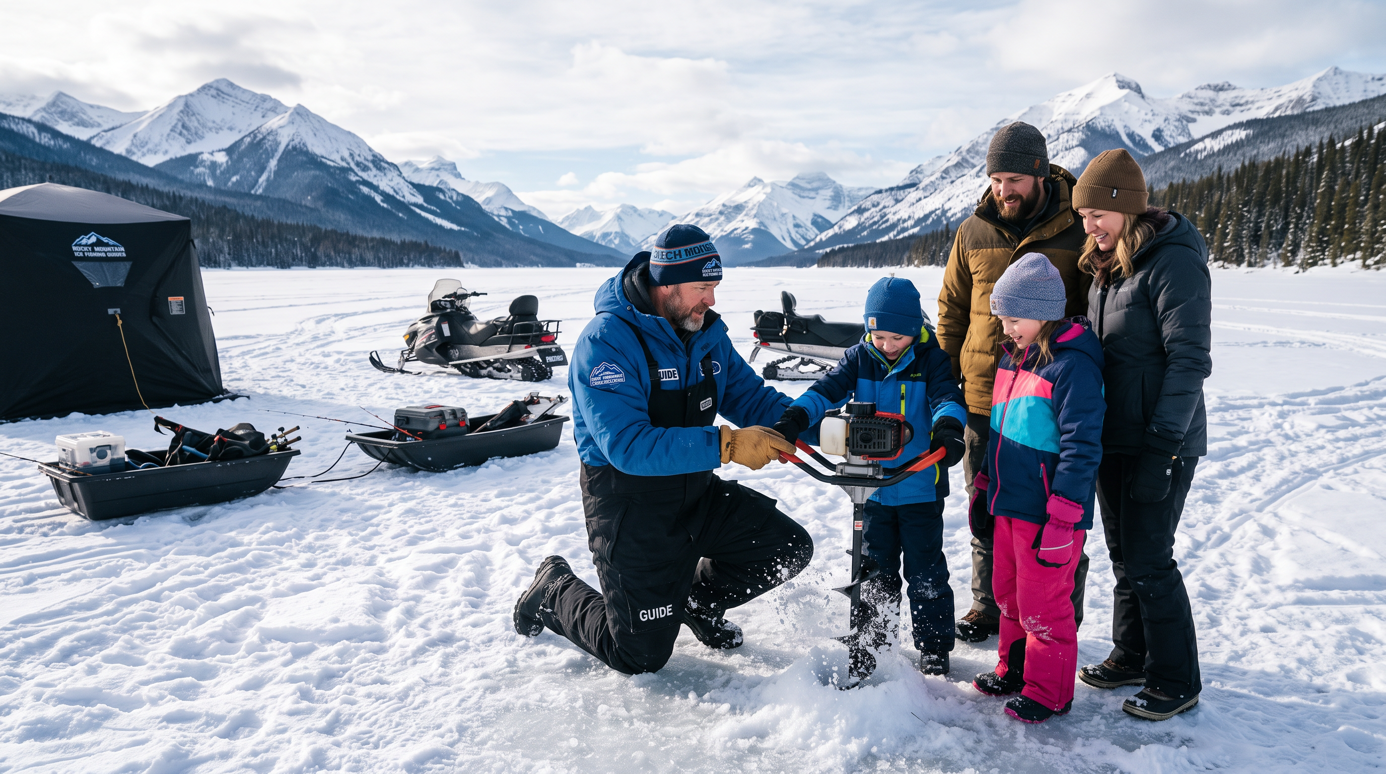 Professional ice fishing guide with family