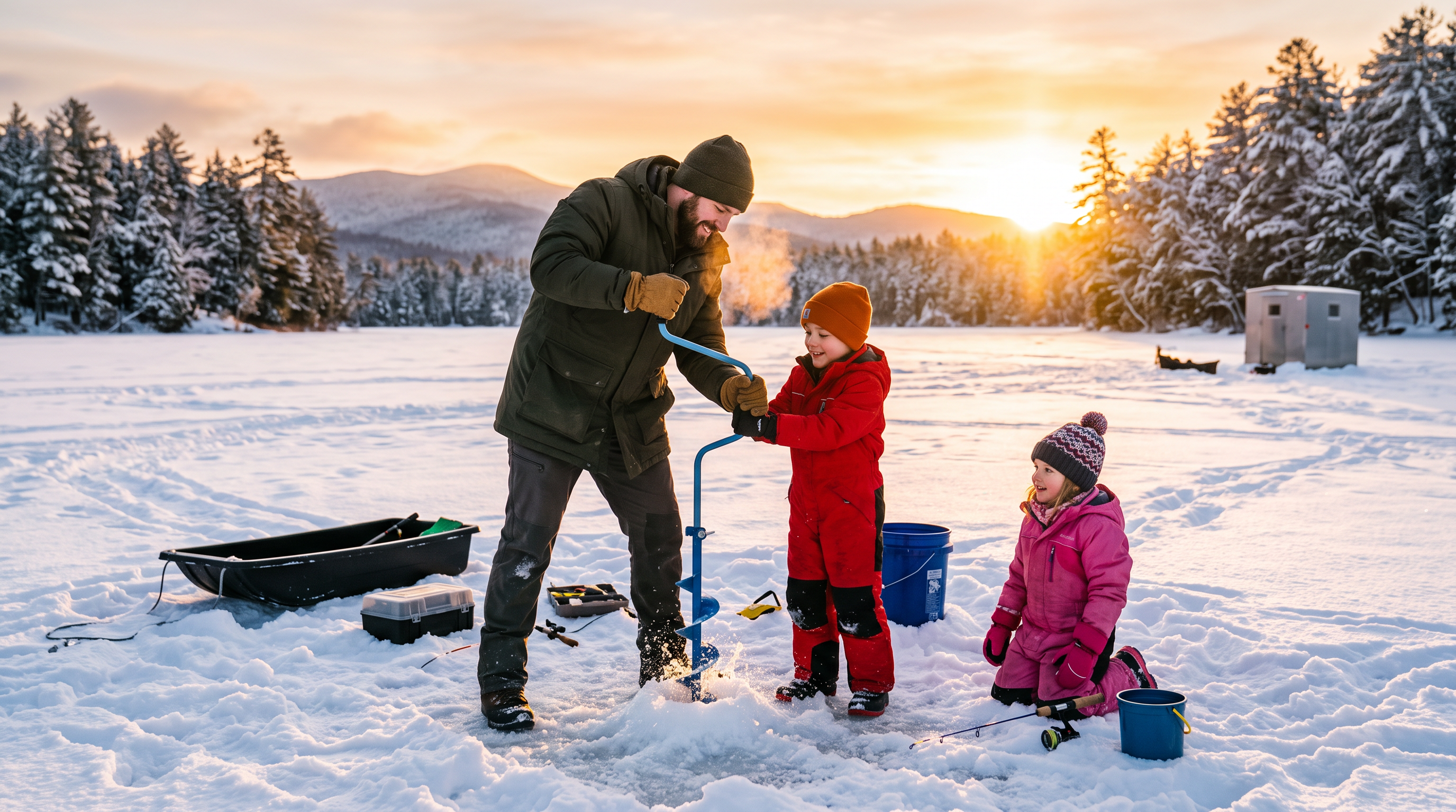 Happy family ice fishing at sunrise on frozen lake