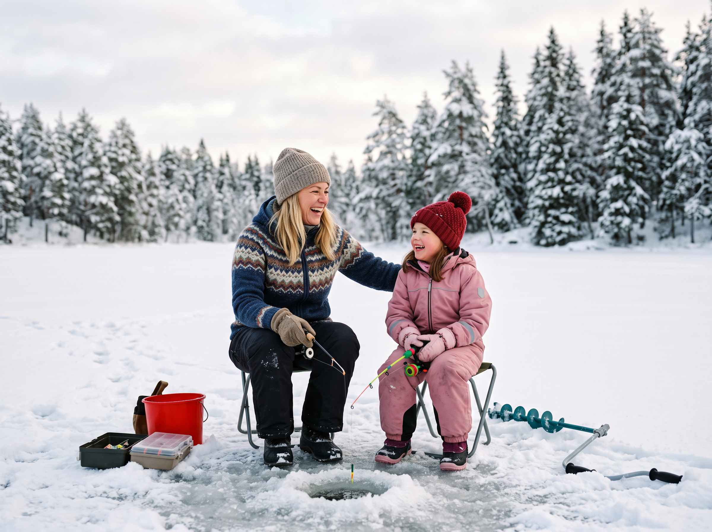 Mother and daughter ice fishing