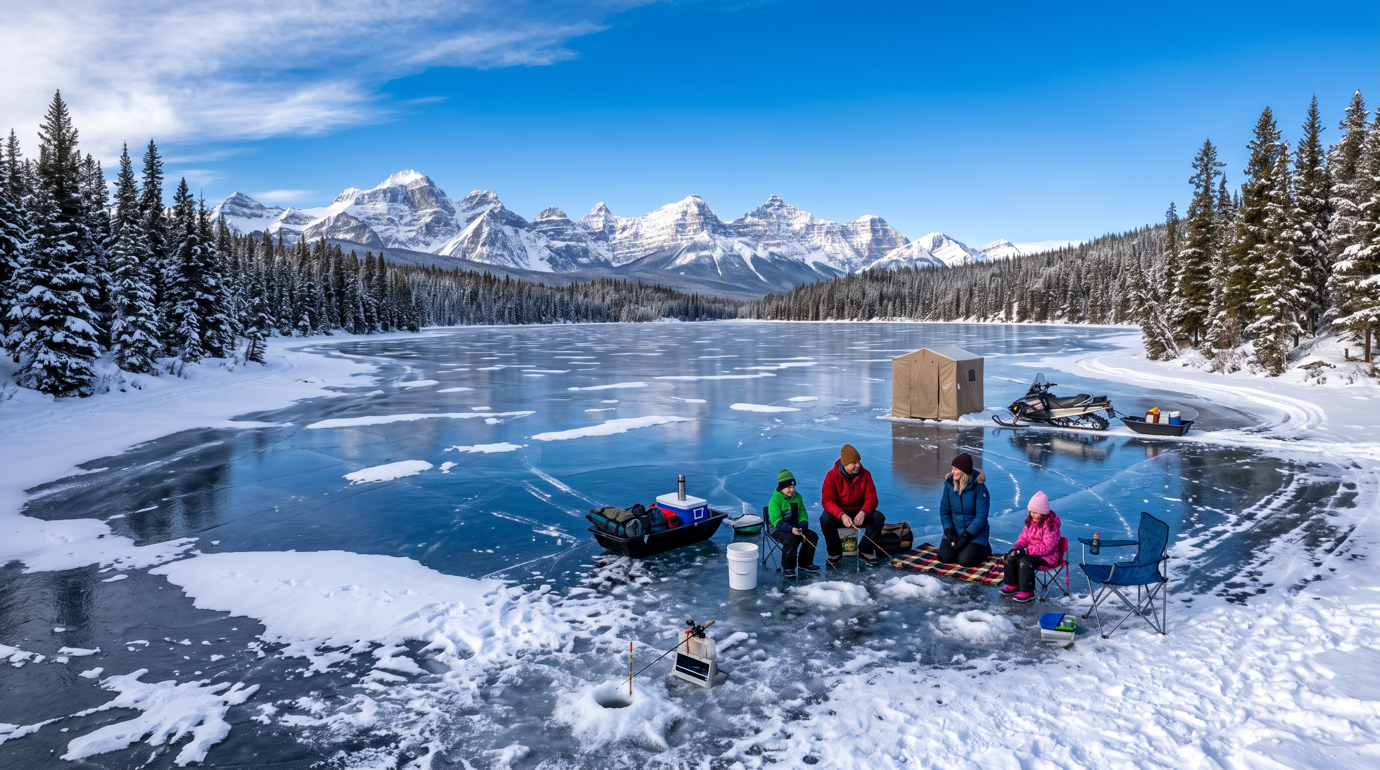 Panoramic frozen mountain lake landscape