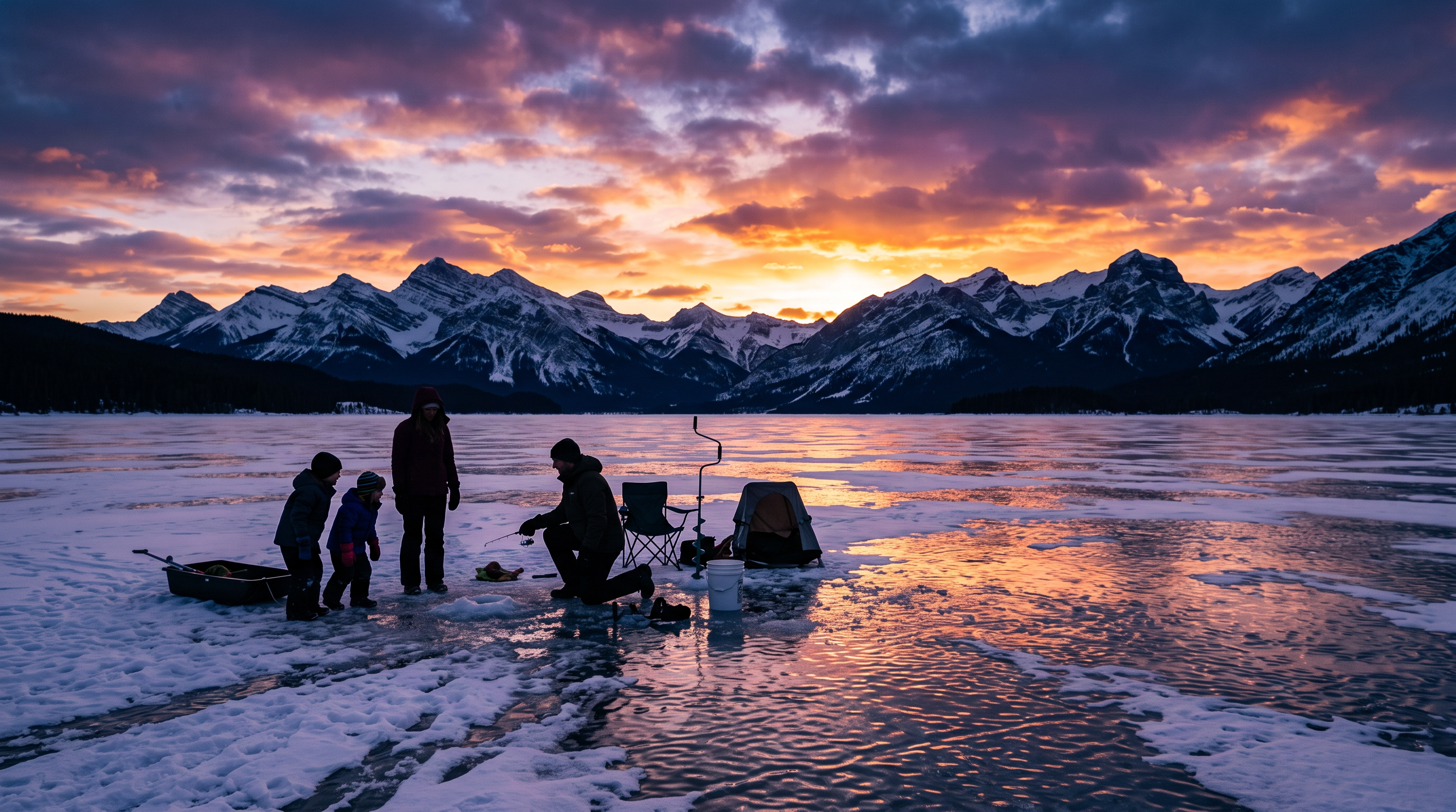 Family sunset ice fishing